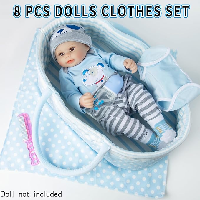 9 Pieces Reborn Baby Doll Clothes Blue Dog Doll Accessories Set for 17-22 Inch Reborn Baby Doll Clothing Gift Sets (Basket+ Blanket)