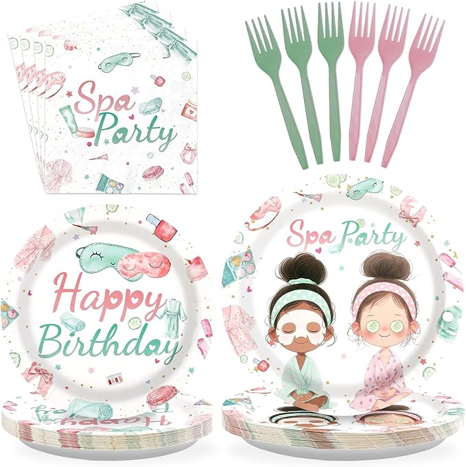 96Pcs Spa Birthday Party Supplies Slumber Sleepover Pajama Plates and Napkins Tableware Sets Pink Makeup Happy Birthday Dessert Plates Decorations Favors for Girls Baby Shower Holiday Party Serves 24