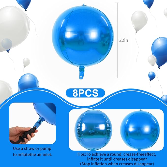 TONIFUL 8Pcs Large Blue 4D Giant Round Foil Balloon 22inch Big Mirror Metallic Mylar Sephere Balloons for Christmas New Year Birthday Party Graduation Wedding Baby Shower Decoration Supplies