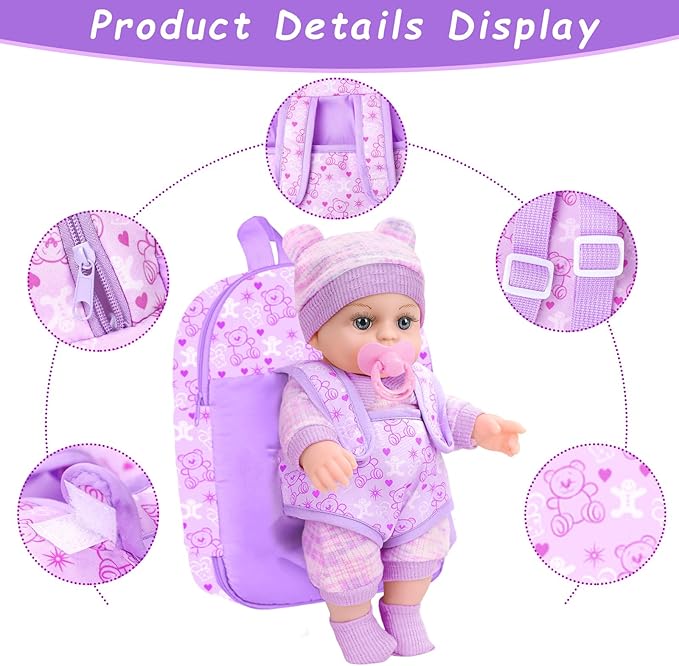 12'' Baby Doll with Bear Pattern Backpack in Gift Box,Including Clothes Accessories, Backpack, Baby Bottle, Pacifier, Hat, Socks, and Handkerchief for 3+ Child Girls Gifts