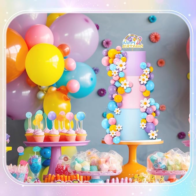 63 Pcs Blue Dog Cake Toppers with Balls Cake Picks and Daisy Flowers for Birthday Decoration Groovy Pastel Cupcake Inserts Hippie Wedding Party Supplies(Happy Birthday 2th)