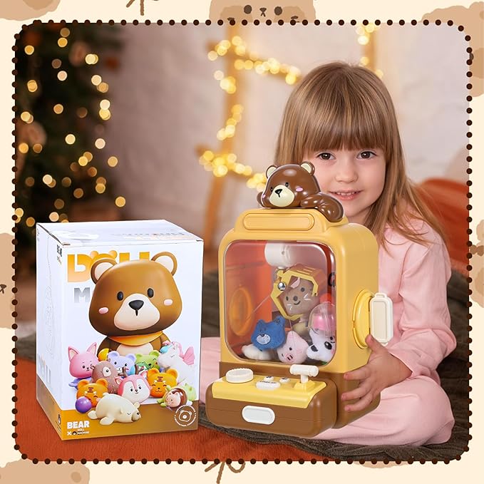 Cartoon Claw Machines for Kids 36 Prizes Age 6+ Mini Vending Machines with Music for Kid with Plush Toy Christmas Birthday Thanksgiving Girls Boys Gifts(Bear)