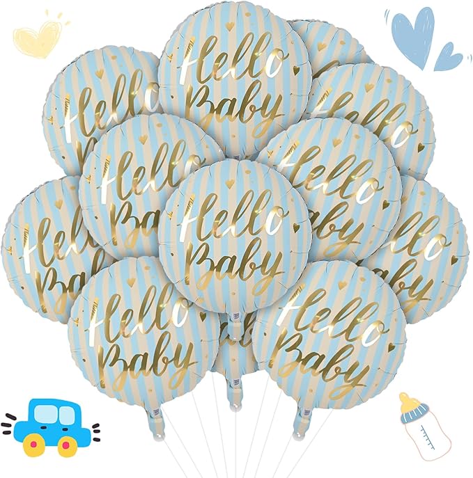 18" Hello Baby Foil Balloons for Welcome Baby Party Decorations, 4pcs Light Blue Cream Gold Mylar Balloons, baby Blue Beige Gold Balloon for Newborn Gender Neutral baby Shower Sip and See Party Decor