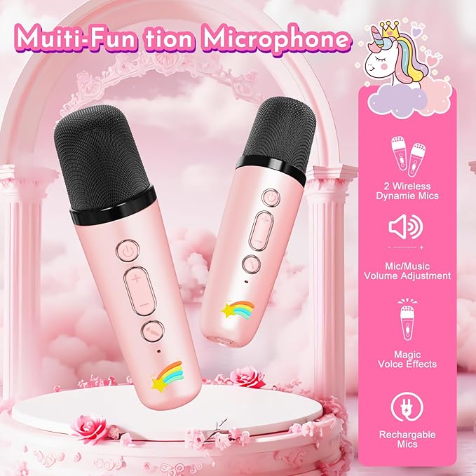 Mini Karaoke Machine for Kids: Unicorn Bluetooth Speaker with 2 Wireless Microphones, Portable Singing Toy & Birthday Gifts for Girls Ages 4-12