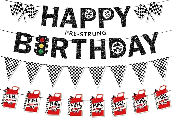 Pre-Strung Race Car Birthday Party Decorations NO DIY Glitter Happy Birthday Banner, Checkered Flag Fuel Can Banners Cars Themed Party Supplies