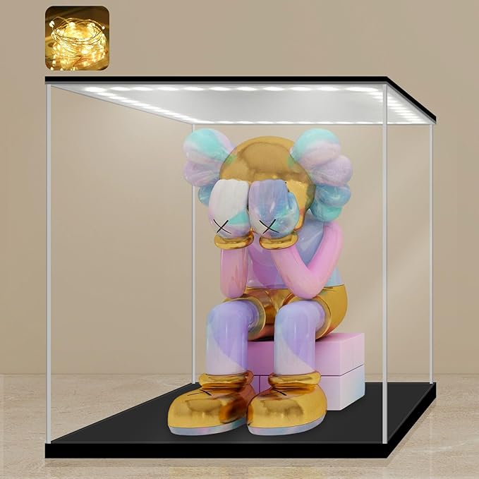 LANSCOERY Acrylic Display Case with Adjustable Yellow/White/Warm LED Light, UV Protection Clear Display Box, Dustproof Showcase for Action Figures, Models, Collectibles - 13.8x13.8x13.8inch