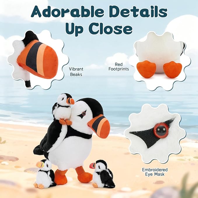 13.7" Puffin Plush Toy with Back Zipper, Includes 3 Adorable Baby Puffin Stuffed Inside - Soft & Safe Stuffed Animal for Kids, Perfect for Bedtime Companion, Gift, or Room Decor