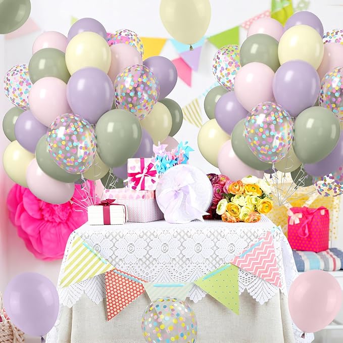 Pastel Balloons, 50Pcs 12 Inches Dusty Mist Green Macaron Purple Pink Yellow Balloon with Confetti Latex Balloons for Baby Shower Birthday Wedding Spring Flower Party Decoration