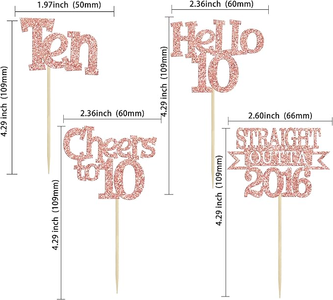 Ephlyn 24Pcs Happy 10th Birthday Cupcake Toppers Glitter Ten Cupcake Picks Hello 10 Cheers to 10 Years Cake Decorations for 10th Birthday Anniversary Party Decorations Supplies Rose Gold