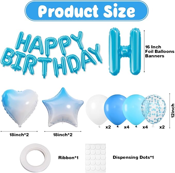 29PC Light Blue Happy Birthday Balloon Banner, 16 Inch 3D Letter Banner Sign, Light Dark Blue White Confetti Balloons 18 Inch Star Heart Foil Balloons for Kids, Men, Boys Party Decorations