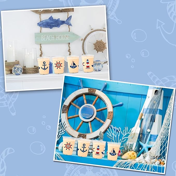 50 Pcs Nautical Cups, 12 oz Nautical Plastic Party Cups for Home Kitchen Birthday Summer Ocean Party Favors Supplies Decoration