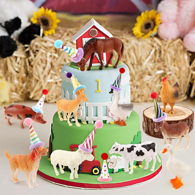 Hooqict 20Pcs Farm Animal Cake Toppers Animals Figures with Mini Party Hats Birthday Cake Decorations for Farm Birthday Party Decorations Favors Supplies