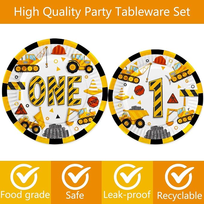 118 Pcs Construction 1st Birthday Party Decor Dump Truck One Years Old Disposable Paper Plates Napkins Forks Cups Tablecloth Banner Dinnerware for Im Digging Being 1 Bday Baby Shower Party Supplies