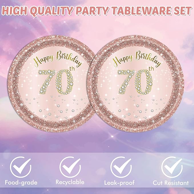 40Pcs 70th Birthday Decorations for Women Rose Gold 70 Year Old Birthday Decorations Include 70th Birthday Paper Plates and Napkins Set,1956 Disposable Tableware Party Supplies Kit For Girl Ladies