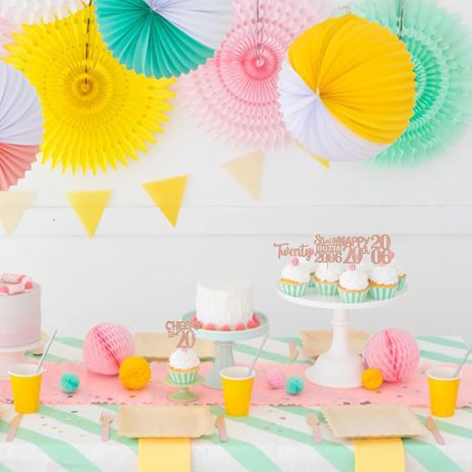 30PCS 20th Birthday Cupcake Toppers Glitter Twenty Happy 20th Straight Outta 2005 Cupcake Picks for Cheers to 20 Years Birthday Wedding Anniversary Party Cake Decorations Supplies Rose Gold