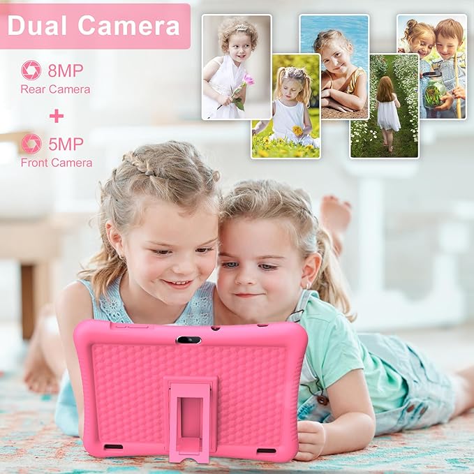 Kids Tablet 10 inch Android 13 with Shockproof Case, Quad-Core 32GB, 512GB Expandable, Parental Control, Pre-Installed Apps, 6000mAh Battery, Gifts for 3-12 Year Olds（Pink）