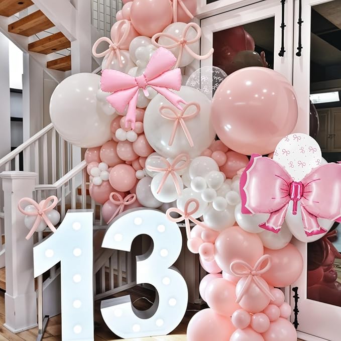 Bow Balloons, Light Baby Pink White Clear Pastel Balloons with Bow Foil Balloon for Girl Princess Women Birthday Party Bachelorette Bridal Engagement Bow Theme Wedding Anniversary Baby Shower Supplies