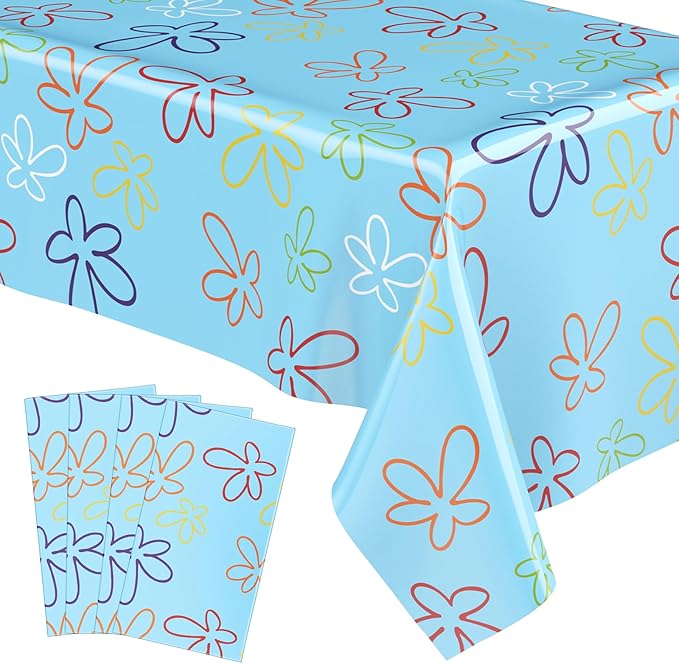 Oudain 4 Sheets Sponge Birthday Party Supplies Blue Ocean Flower Tablecloth 54 x 108 Inch Plastic Table Covers for Birthday Party Decorations