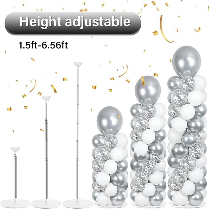 2 Sets Disco Silver White Balloon Column Stand Kit with 100 Balloons Silver Balloon Tower Stand with Bases for Floor Confetti Balloons Column Kit for Wedding Graduation Birthday Disco Party Decor
