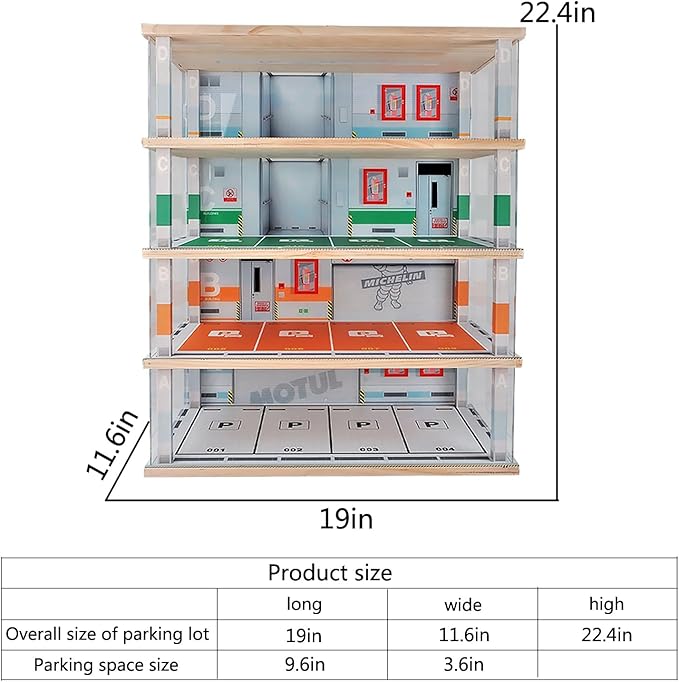 Diecast Car Model Display Case 4 Tiers 1:24 Scale,with LED Light and Acrylic Dust Cover Toys Car Model Display Stand ,Parking Lot Scene Hot Diecast Wheels Collectible Car Model Storage Cabinet