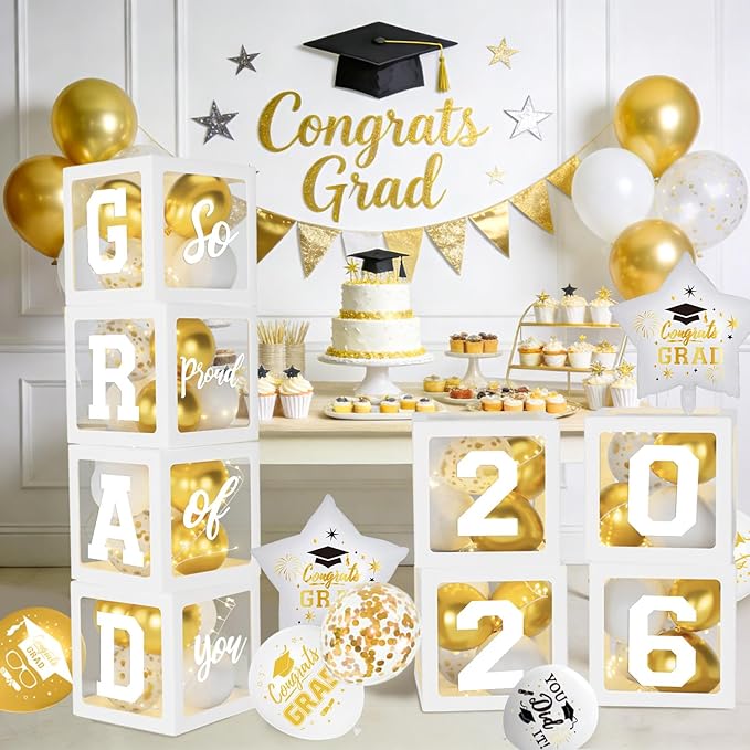 2026 Graduation Decorations, White Graduation Decorations, Balloons Boxes (4PCS) with Letters 2026 GRAD So Proud of You, Congrats Grad Decorations for High School & College