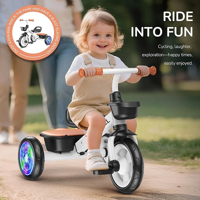 Umatoll Tricycle for Toddlers 2-5 Year Old, Ajustable Toddler Bike Outdoor Toys, Birthday Gift for Boy Girl Age 2-4, Trike with Light up Wheels
