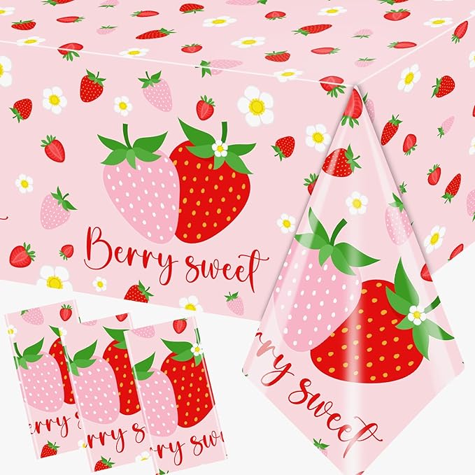Strawberry Tablecloths Birthday Decorations, Plastic Berry Sweet Table Covers for Strawberry Party Decoration Berry Sweet Baby Shower Party Supplies