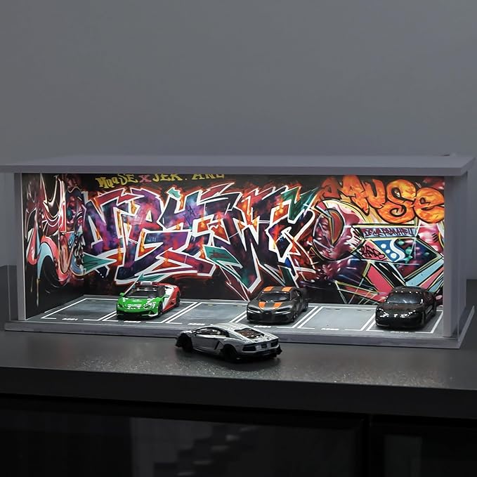 1:64 Car Model Display Case with Lights for Hot Wheels,Matchbox Cars,Diecast Alloy Small Truck Collectibles Storage Box-Graffiti Scenes Parking lot