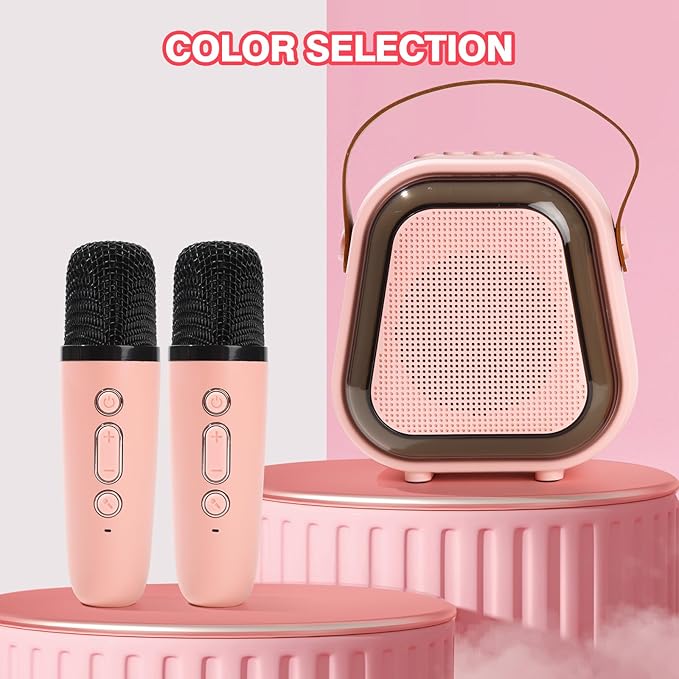 Mini Karaoke Machine for Kids, Karaoke Speaker with LED Lights, Portable Bluetooth Entertainment System with 2 Microphones, Dynamic Color-Changing Effects for Kids (Pink+2 Mic)