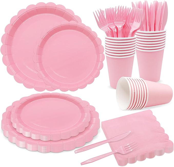 144Pcs Pink Birthday Party Supplies Pink Tableware Set Serve 24 Guests Includes Dinner Plates Cups Napkins For Wedding Baby Shower Birthday Party Decorations