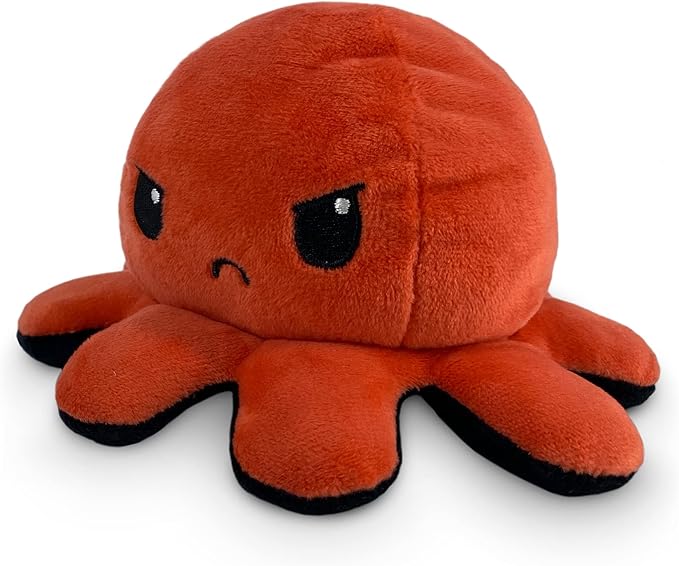 TeeTurtle Reversible Octopus Plushie - 4-Inch Angry Red + Rage Black Two-Sided Flip Plush Toy with Embroidered Details - Cute Mini Collectible Plush for Kids, Teens, and Adults