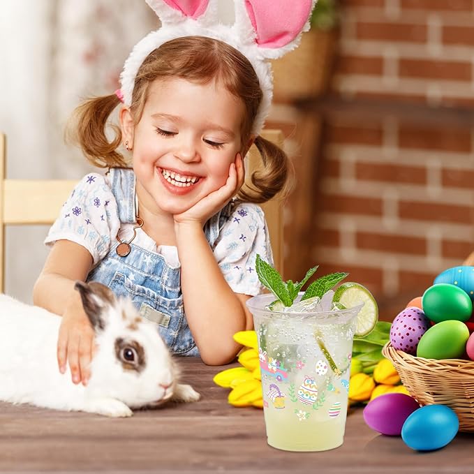 100 Pcs Easter Rabbit Plastic Drinking Cups, 12 oz Clear Disposable Party Cups for Easter, Spring, Birthday Parties
