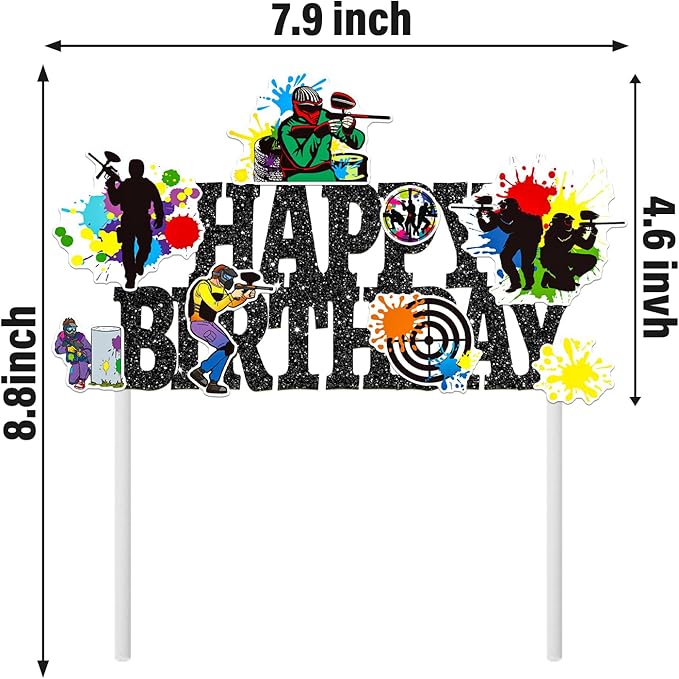 Paintball Birthday Cake Topper Glitter Black Paintball Birthday Party Decorations Paintball Themed Splatter Splash Cake Picks Decor for Paint Ball Shooting Game Sport Party Supplies