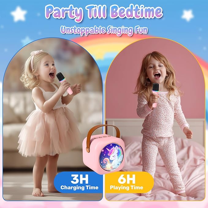 Mini Karaoke Machine with 2 Wireless Microphones, Portable Bluetooth Speaker for Kids & Adults, Ideal Birthday for Girls Boys Ages 3-12, Home Party Travel Entertainment Toy(Pink)