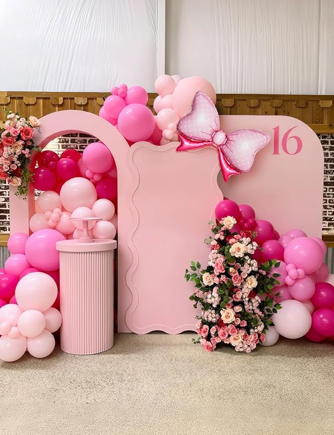 Pink Mouse Balloon Garland Arch Kit – 124 Pcs Hot Pink, Pastel and Polka Dot Balloons with Bow, Mouse Themed Girl Birthday Baby Shower Party Decor