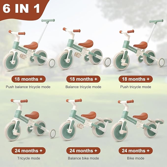 6-in-1 Toddlers Tricycle Baby Balance Bike, Kids Steering Push Handle Bicycle with Removable Pedals, Adjustable Seat,Training Wheels Toys 18 months+ Birthday Gifts for Boys Girls 2 3 4 Year Olds, Mint