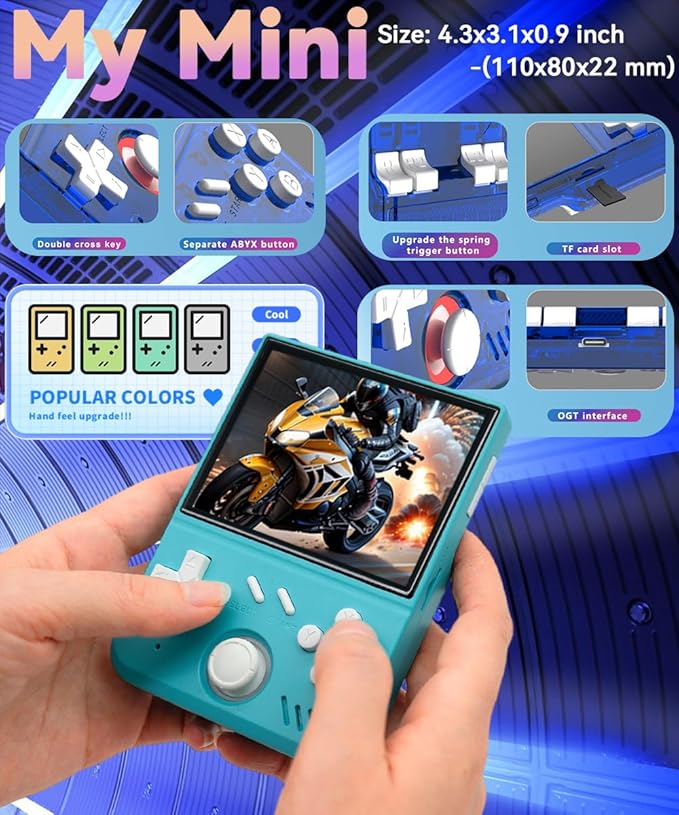 My Mini Handheld Game Console 3.5-in 640*480 IPS OCA Screen RK3326 4000mAh mymini with Portable Case Turquoise Green-64GBVer.