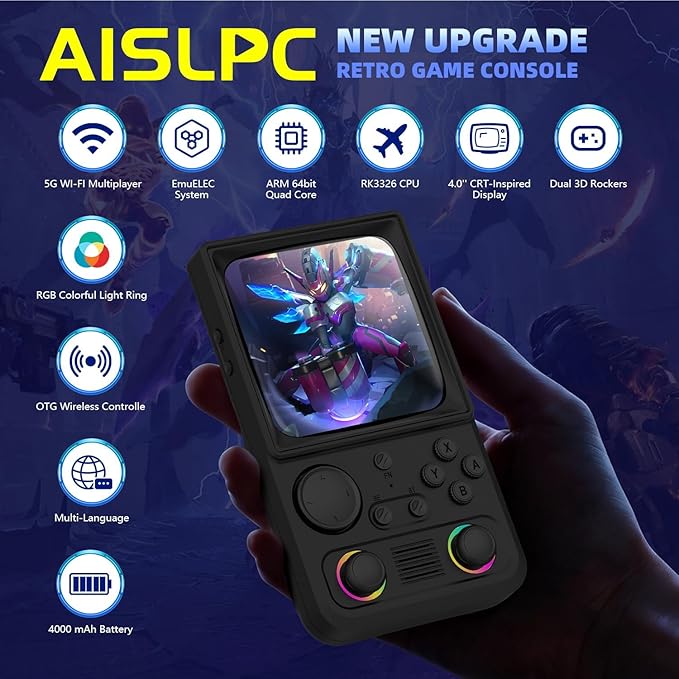 R36TMAX Retro Handheld Game Console, 4.0'' 720x720 IPS Screen, 64GB Supports 18000+ Classic Games, EmuELEC System Supports WiFi Networked Fighting and OTG, 4000mAh, with Portable Case(Gray 64GB)