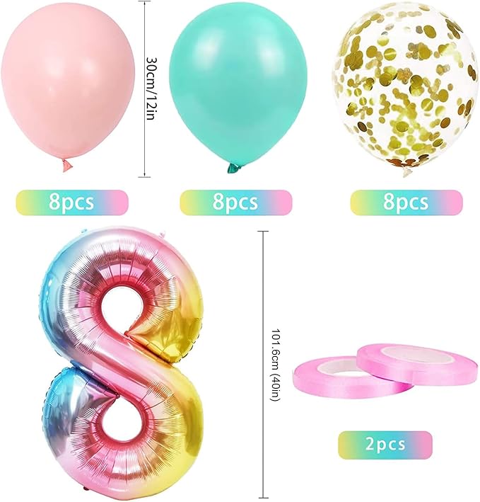 8th Birthday Decorations for Girls Gradient color Age 8 Balloons with Happy Birthday Banner for Baby showers Eighth Birthdays Party Supplies for Girls Boys