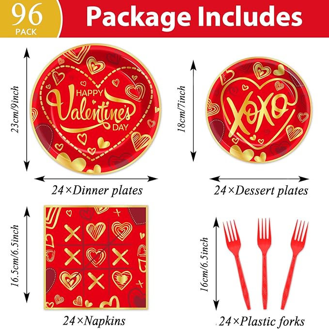 gisgfim 96 Pcs Valentine's Day Party Plates and Napkins Party Supplies Valentines Day Party Tableware Set Red and Gold Party Decorations Favors for Girls Boys Birthday Baby Shower Serves 24