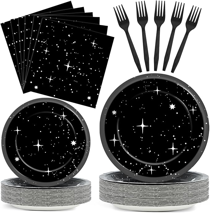 Qyeahkj 200Pcs Stars Birthday Party Decorations Galaxy Plates and Napkins Space Theme Paper Plate Supplies for Outer Spaces Disposable Tableware Dinnerware Set Baby Shower Night Sky Decor for 50 Guest