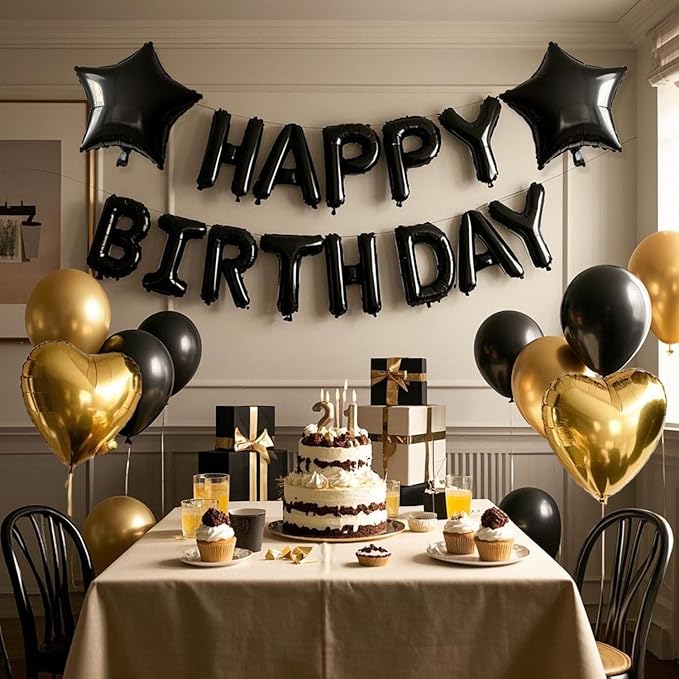 27 Pcs Black Gold Birthday Decorations, 3D Letters Black Happy Birthday Balloon Banner, Pentagram Heart Foil Balloons Confetti Balloons Kit For Boys Girls Party Supplies