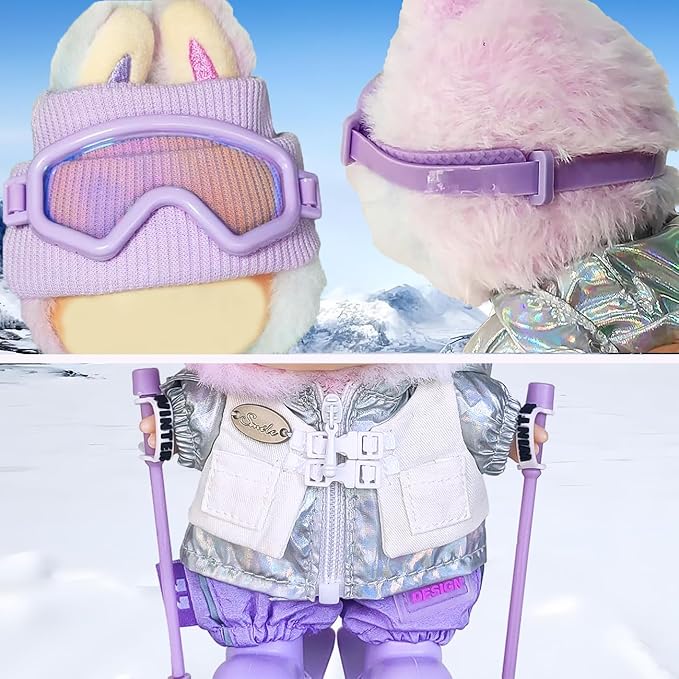17cm Doll Clothes and Accessories Set for Lububu- Winter Snow Themed Ski Outfits with Hat, Jacket, Pants, Mini Poles, Goggles & Skis, Designer Clothing for Doll Dress-Up and Display(Purple)