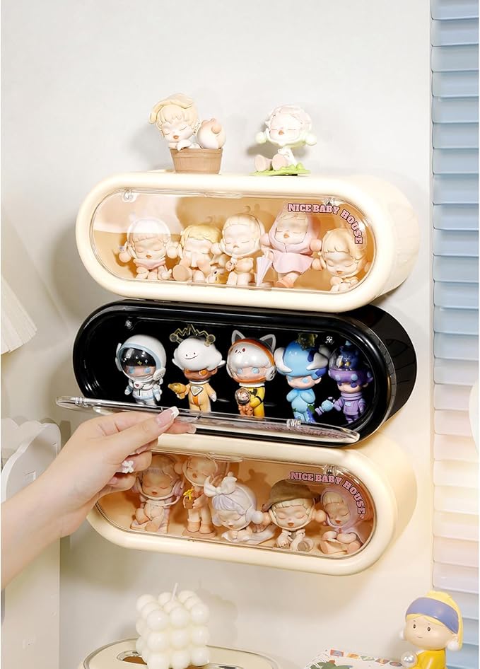 2 Pack Clear Display Case for Figures, Wall Mounted or Desktop Display Box Stand with Magnetic Door, Dustproof Storage Box Organizer for Action Figures Pop Mart