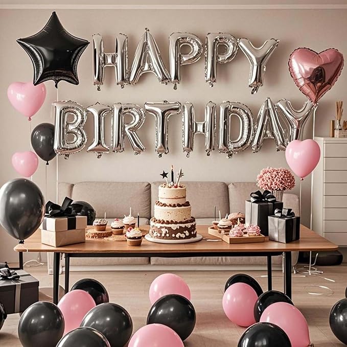 27 Pcs Pink Silver Black Birthday Decorations, 3D Letters Multi Color Happy Birthday Balloon Banner, Pentagram Heart Foil Balloons Confetti Balloons Kit For Boys Girls Party Supplies