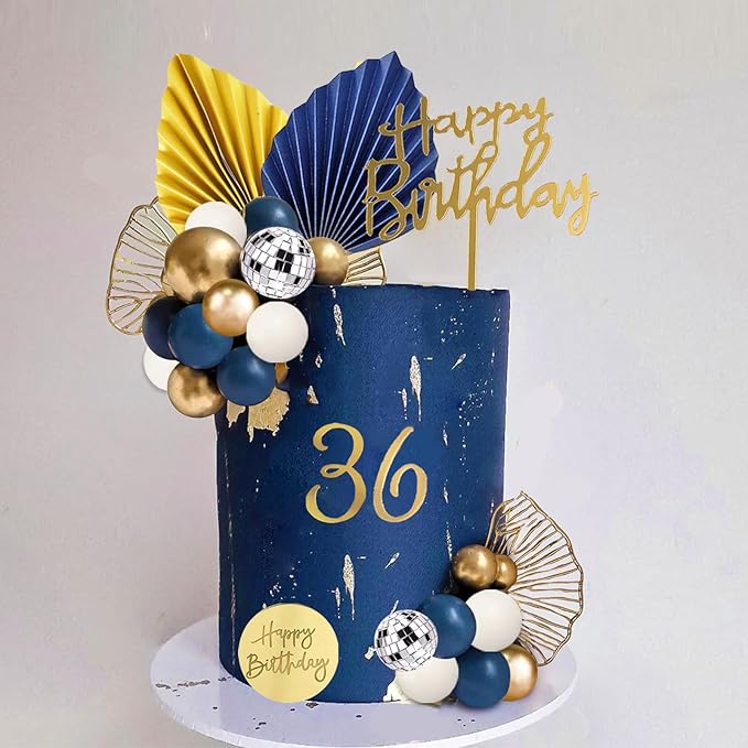 42Pcs Blue White Gold Balls Cake Topper Decorations with Disco Balls Palm Ginkgo Leaves Acrylic Numbers 0-9 and Happy Birthday Cake Decor for Boho Wedding Baby Shower Birthday Party Supplies