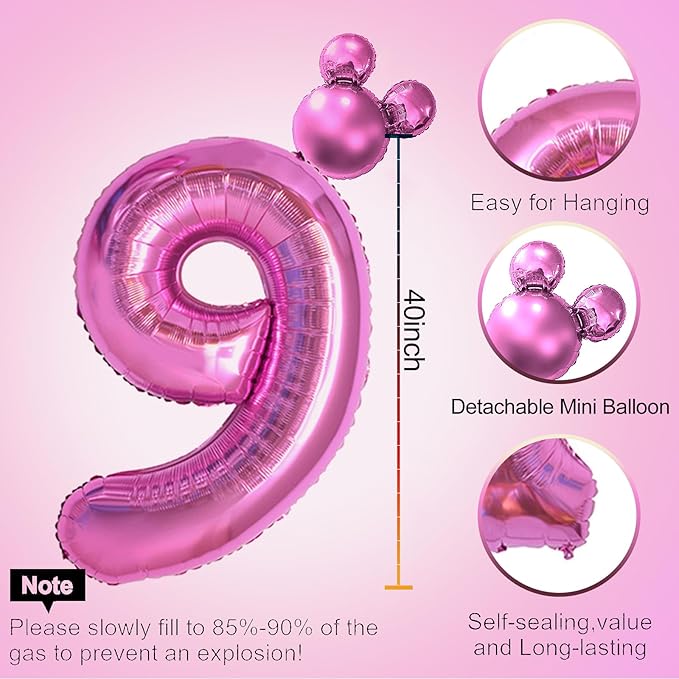 40 inch Hot Pink Number 9 Balloon & Mini Mouse Head Balloon, 9th Birthday Party Decoration Balloons, Cartoon Mouse Birthday Party Supplies, Princess Birthday Party Decorations Supplies