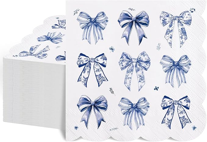 100 Pcs Blue Floral Napkins, Scalloped Blue Bow Cocktail Napkins Decorative Decoupage Napkin Toile Dessert Beverage Napkin for Baby Bridal Shower, Tea Party