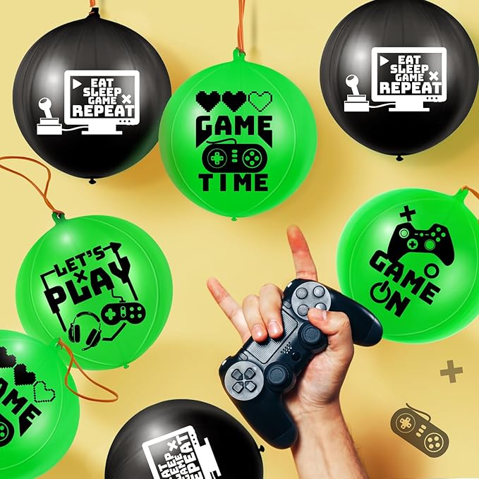 32 Pcs Video Game Punch Balloons Pixelated Punch Ball Pixel Video Game Balloons Latex Balls Toys for Birthday Party Favors Supplies, Goodie Bag Filler(Green, Black)
