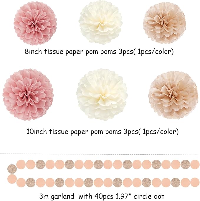 Pink Champagne-Peach Rose-Gold Boho Party Decorations - 23pcs Women Girls Birthday Tissue Pom Poms Streamers,Baby Bridal Shower Tassel Garland Banner,Rustic Wedding Graduation Decor Backdrop Ouruola